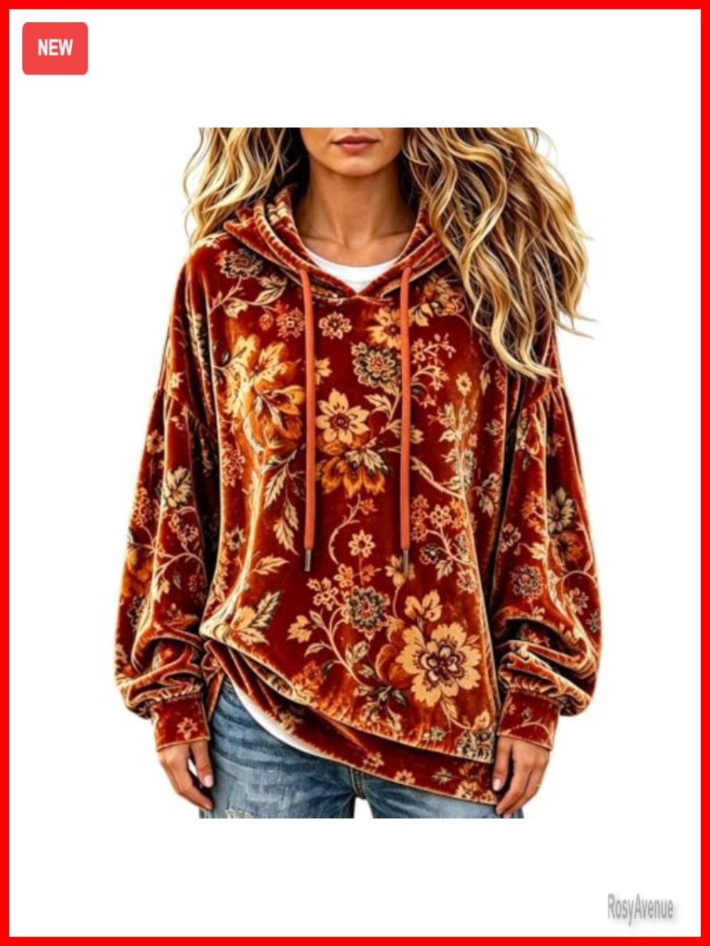 Velvet Retro Floral Print Long Sleeve Hoodie Top